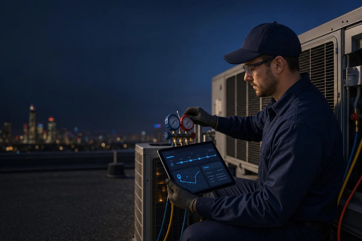 HVAC technician servicing a rooftop condenser with the service agreement open on a tablet