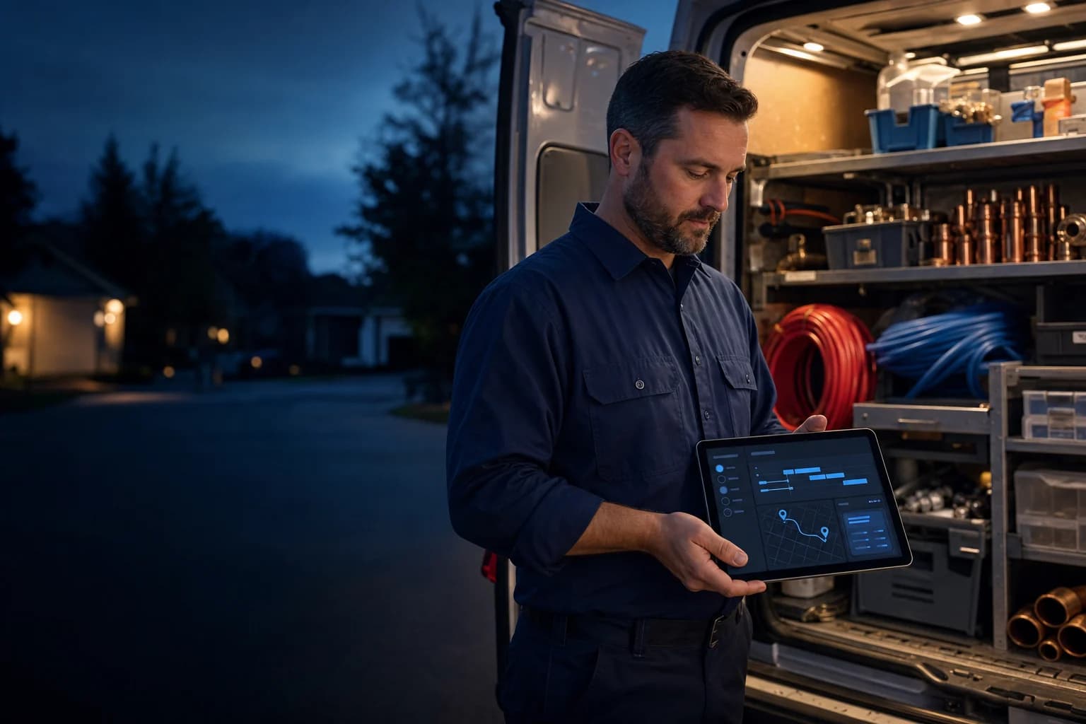 Plumber at an open service van reviewing dispatch and invoicing on a tablet