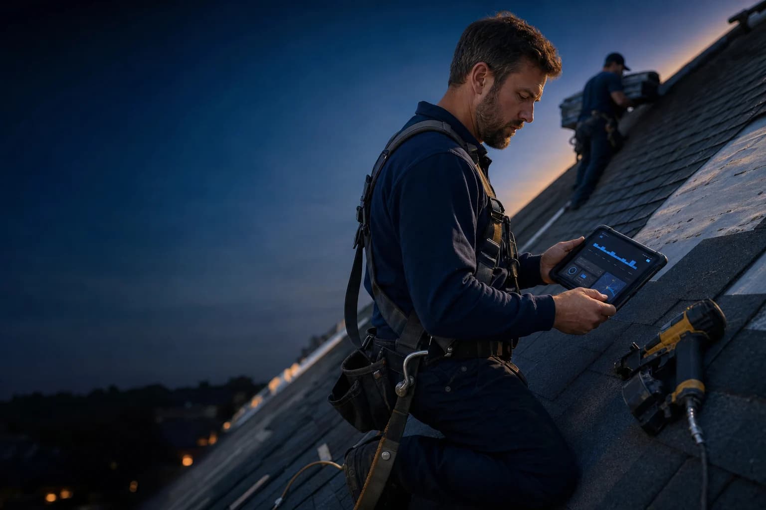 Roofer on a residential roof reviewing materials and claim photos on a tablet