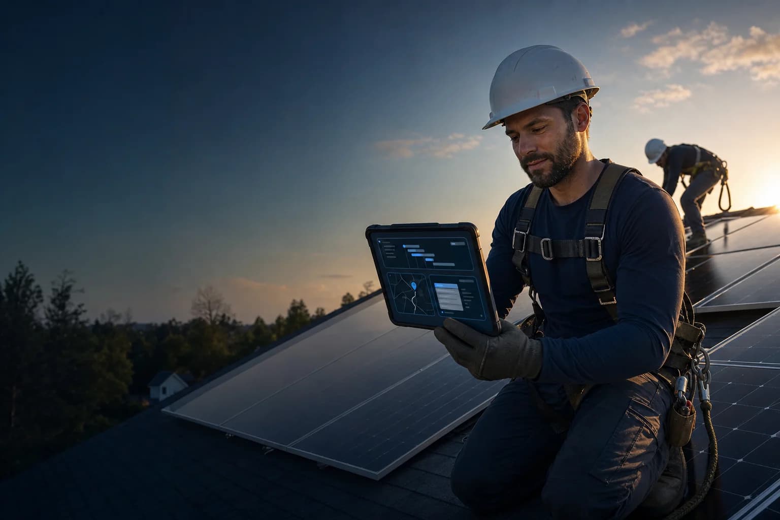 Solar installer on a residential rooftop checking the install schedule on a tablet