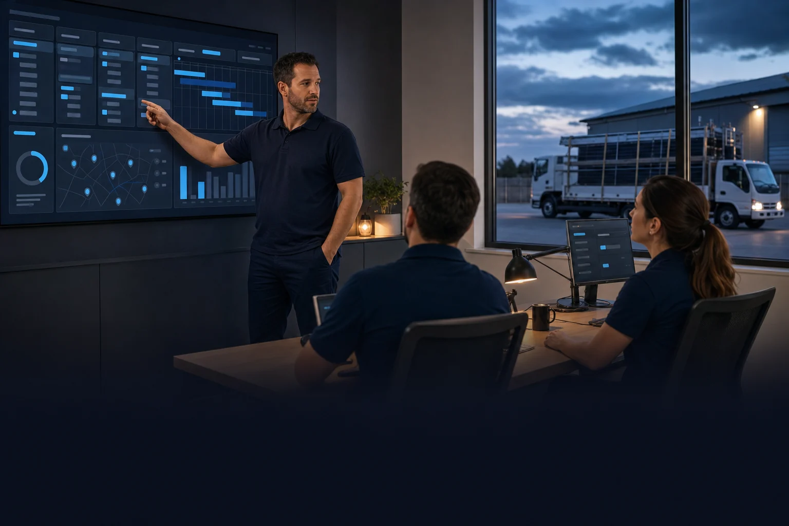 Solar company operations team reviewing one unified dashboard