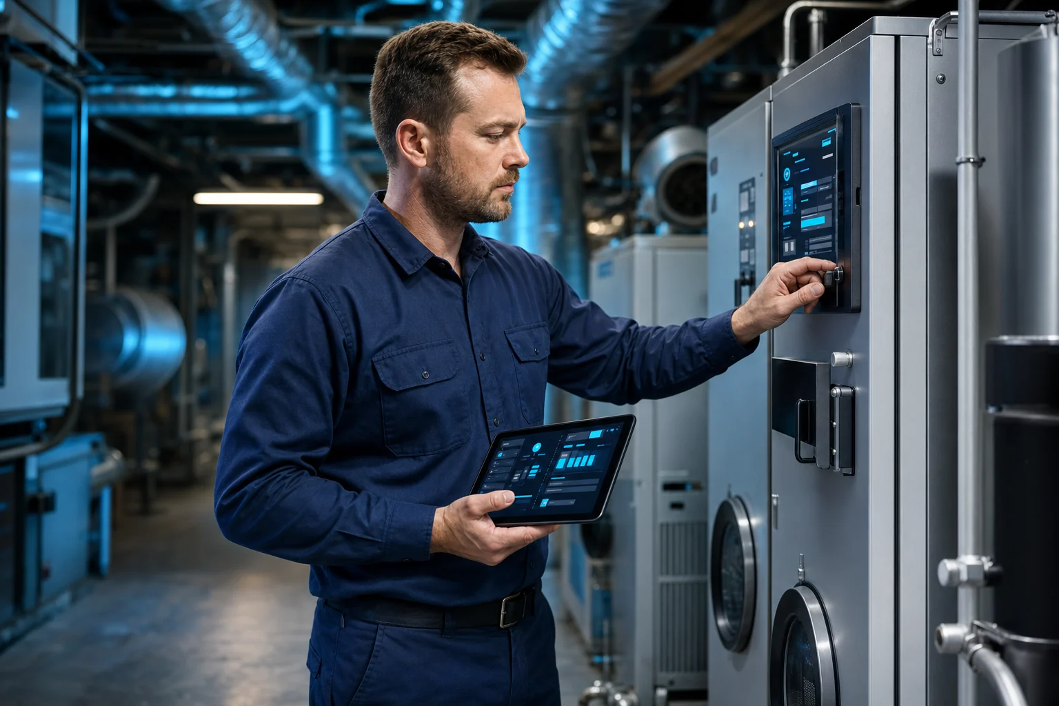 HVAC technician checking a commercial air handler with the service agreement on a tablet