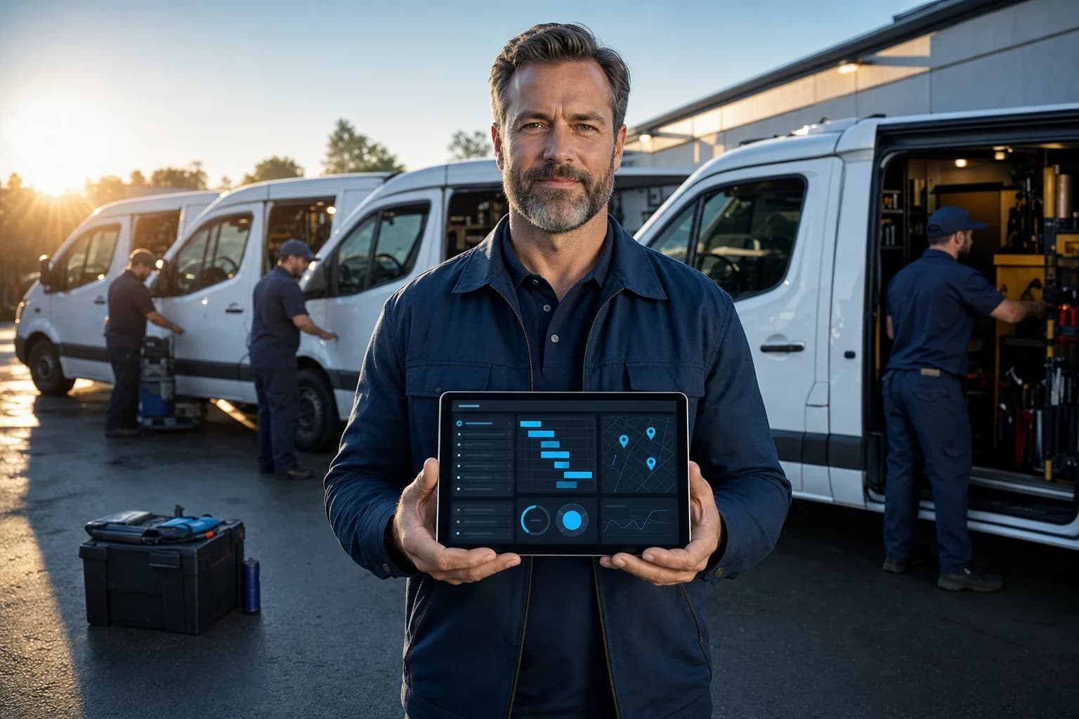 Plumbing company owner running the day's dispatch from a tablet as vans load up