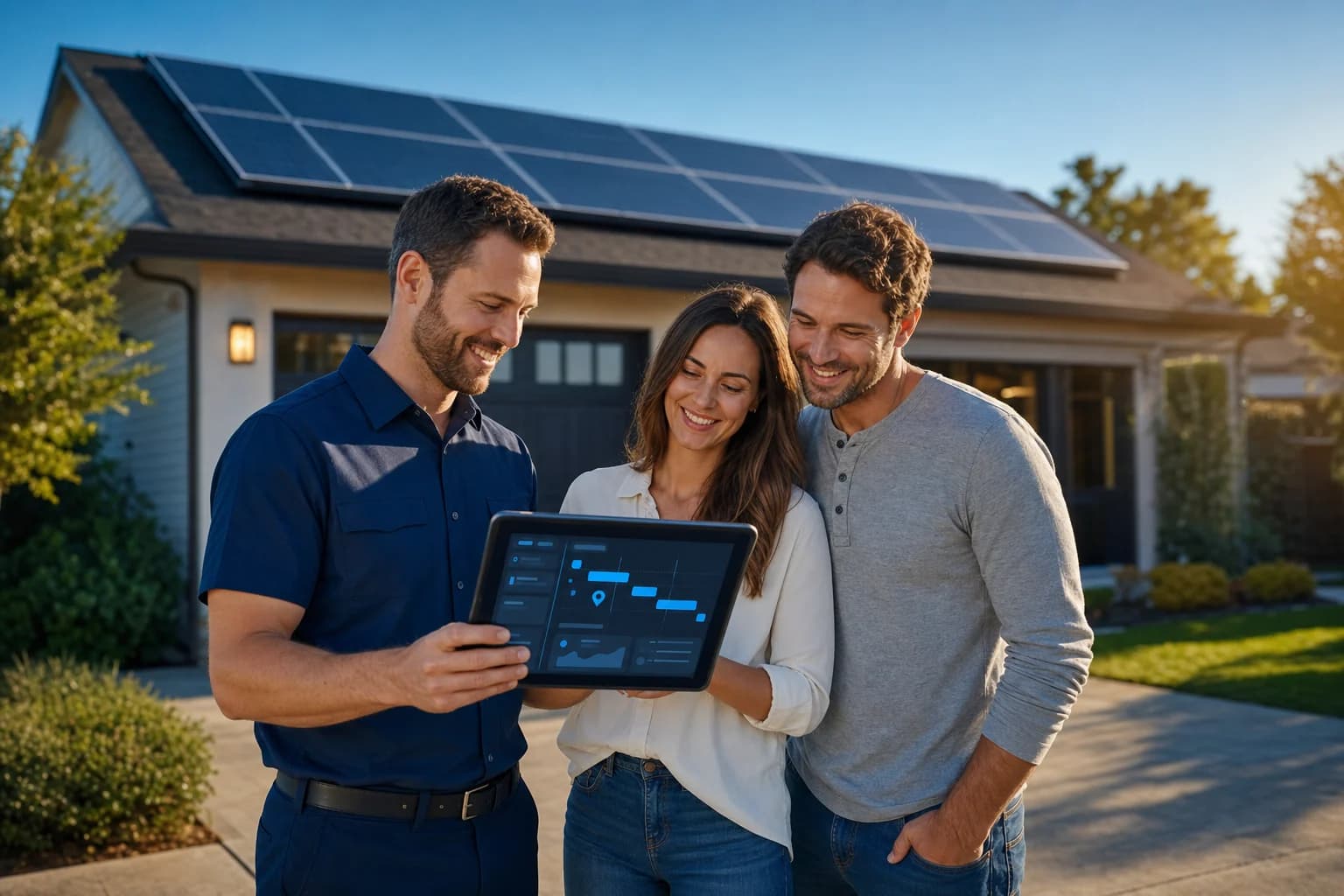 Solar consultant reviewing the project timeline with homeowners in front of their installed array