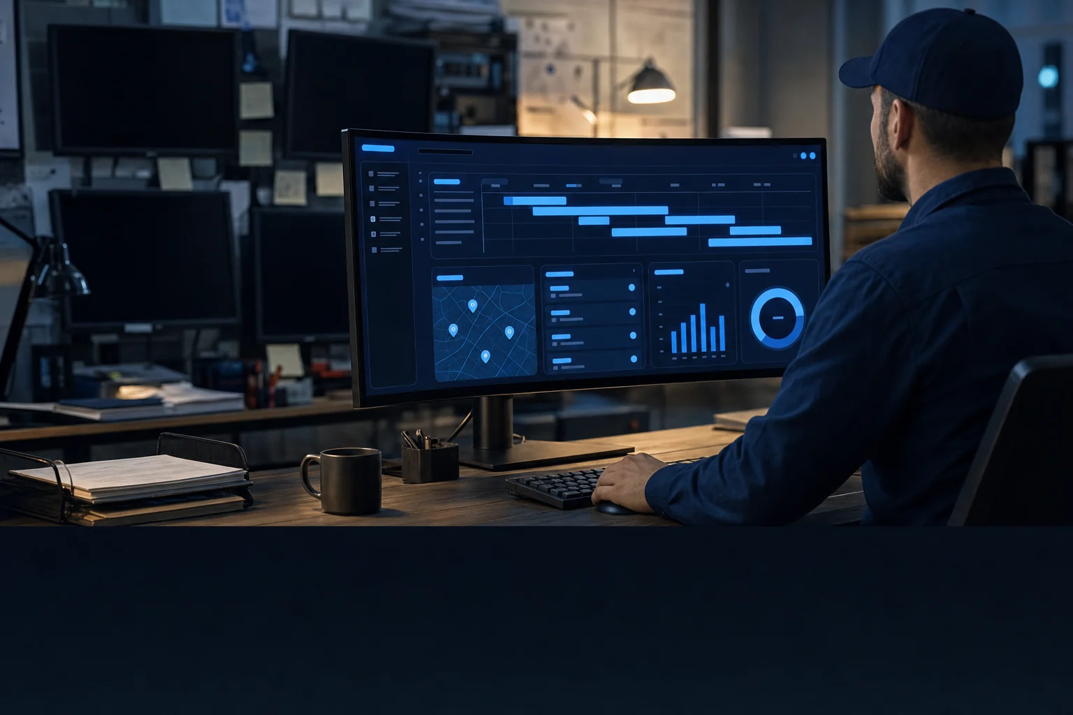 Cluttered multi-monitor tool stack replaced by one unified operations dashboard