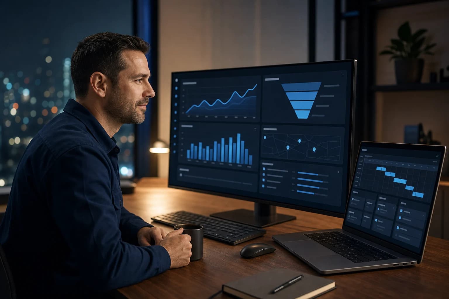 Business owner reviewing unified revenue and utilization analytics